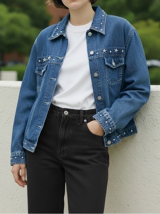 Vintage Jackets & Blazers - Vintage 80s Star Rivets Western Boho Denim Jean Jacket Size Large Medium Wash